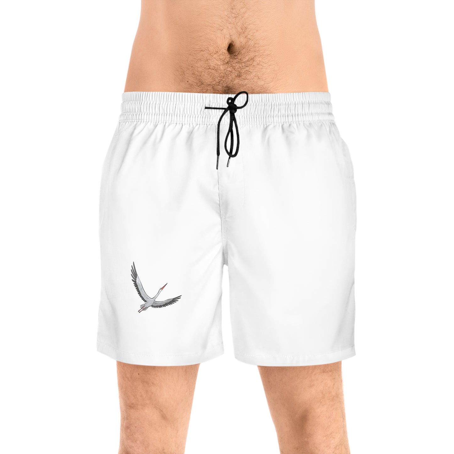 Men's Mid-Length Swim Shorts with Crane Design, Beachwear for Summer, Vacation Essentials, Pool Party.