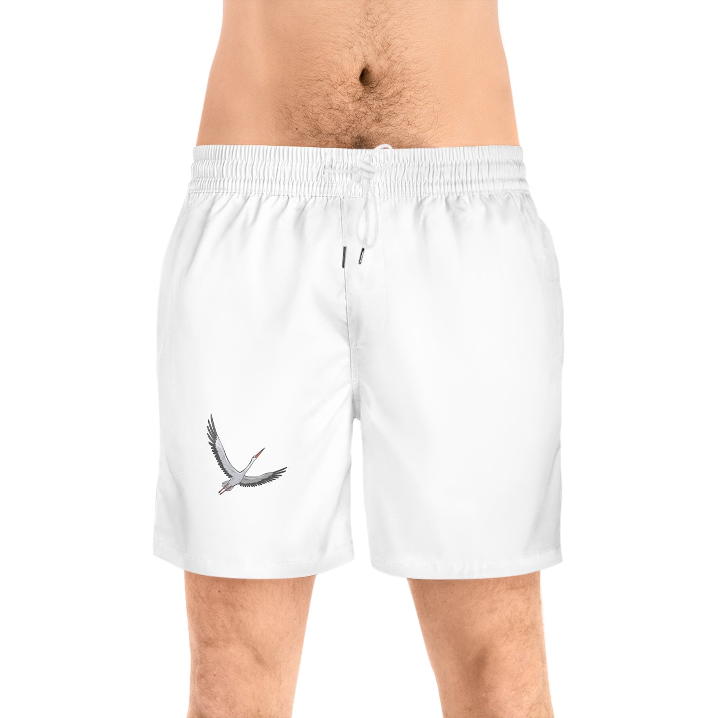Men's Mid-Length Swim Shorts with Crane Design, Beachwear for Summer, Vacation Essentials, Pool Party.
